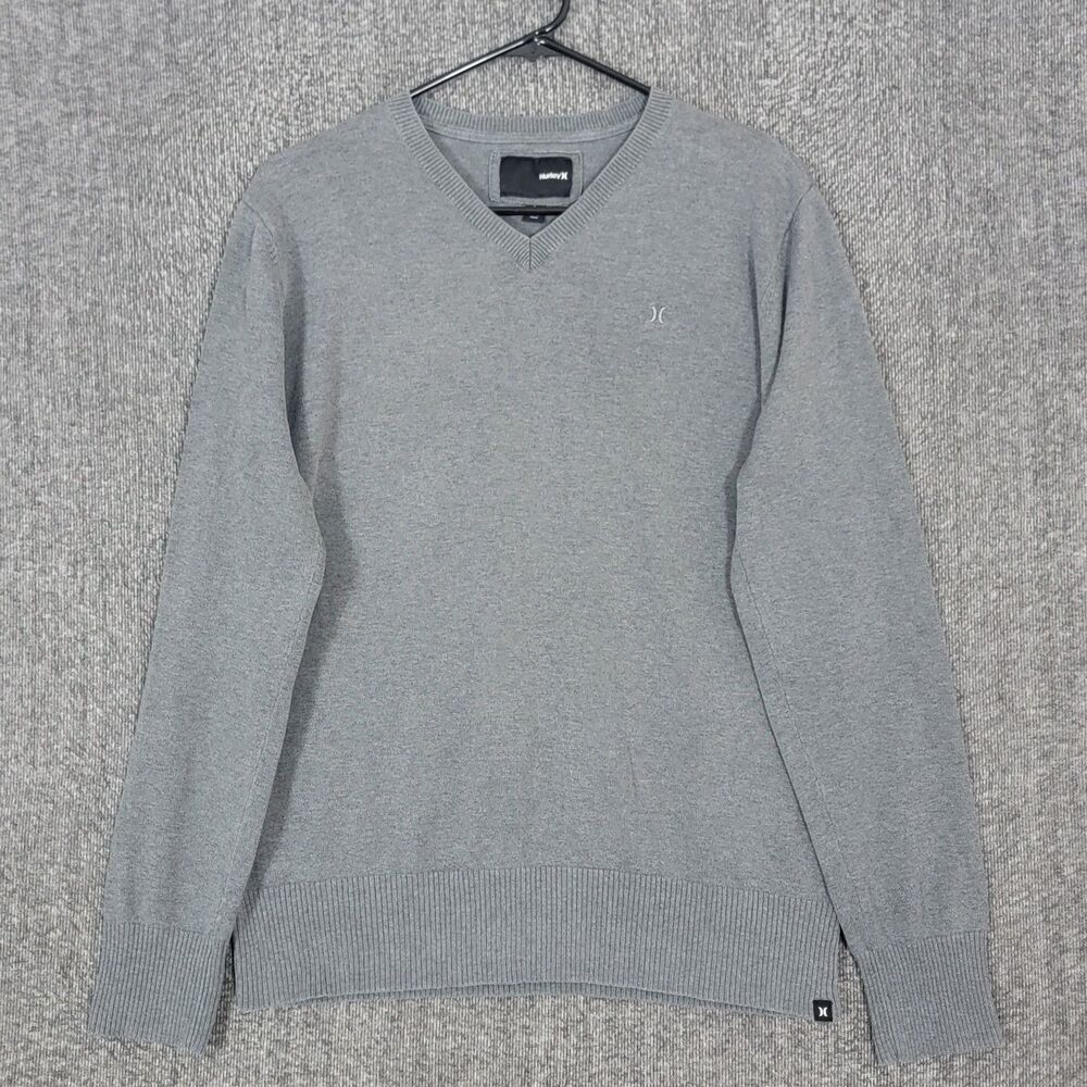 Hurley Sweater Mens Large Gray 100% Cotton V-Neck Preppy Logo Pullover